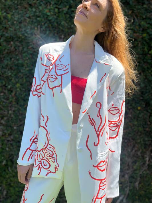 Blazer alfaiataria branco pintado a mão