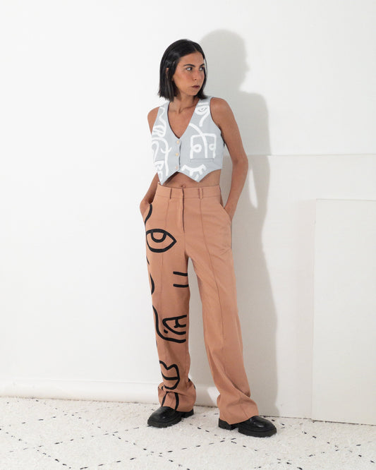 Calça feminina de alfaiataria pintada à mão